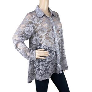 Nally & Millie USA Silver Metallic Floral Lace Mesh Shirt Size L